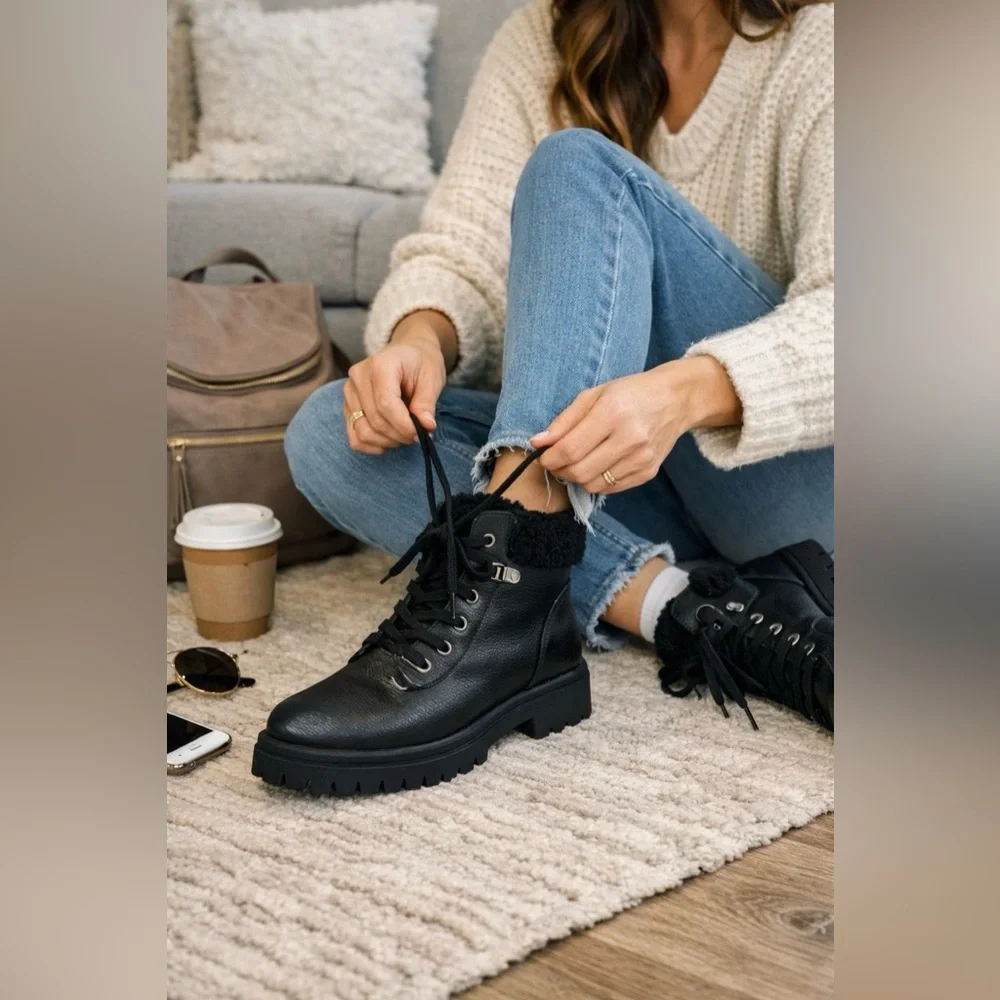 Old Navy Black Sherpa Lined Faux Leather Lace-Up Ankle Boots Size 8